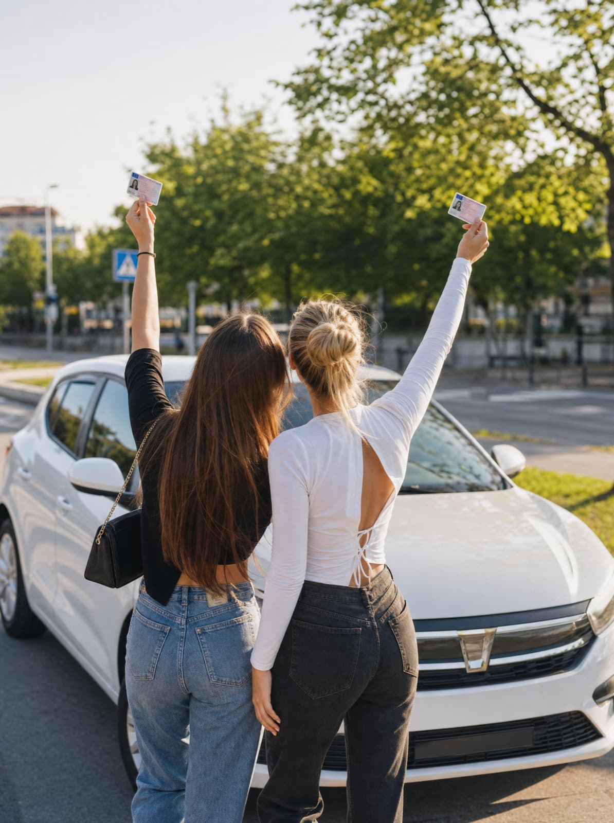 Zwei Freundinnen feiern gemeinsam ihren bestandenen Führerschein vor einem Auto der Fahrschule